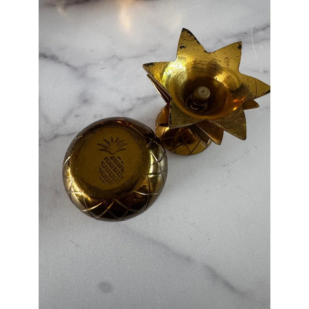 Vintage Brass Pineapple Set 3pc Hollywood Regency/Tiki Gold Barware Decor 7